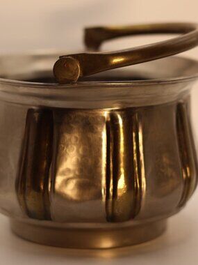 Vintage Stamped Solid Brass Basket – India Mid-Century footed Dish with Handle,